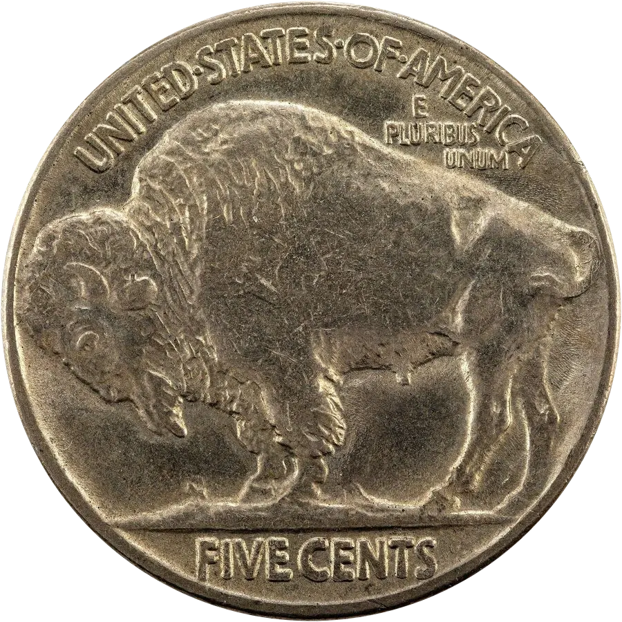 Buffalo nickel Type 2 reverse: bison standing on a flat ground line