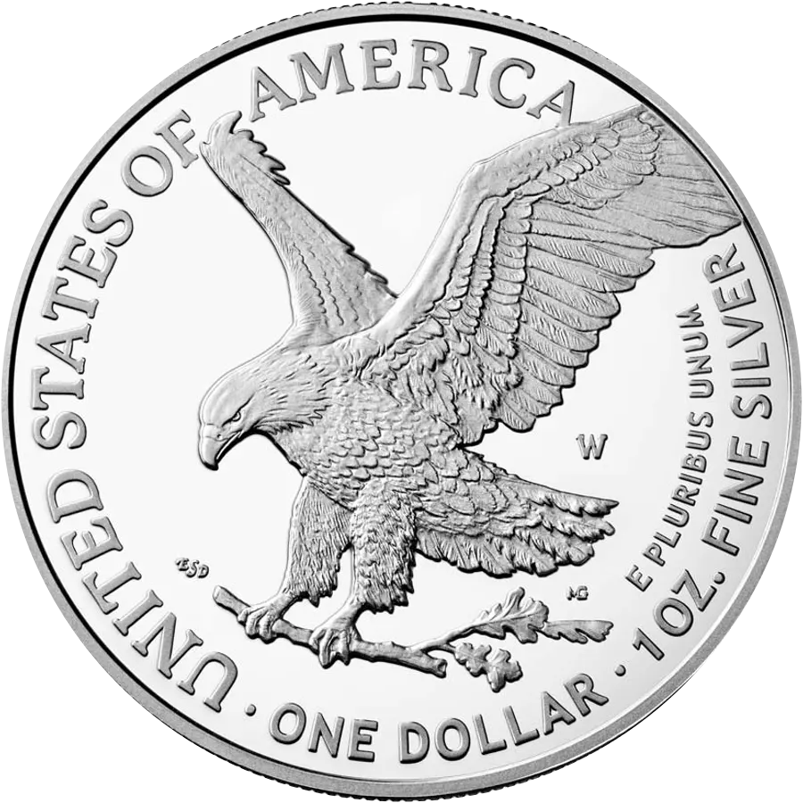 American Silver Eagle Type 2 reverse: eagle landing on an oak branch