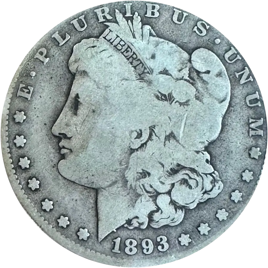1893-S Morgan dollar obverse, worn, date 1893 visible
