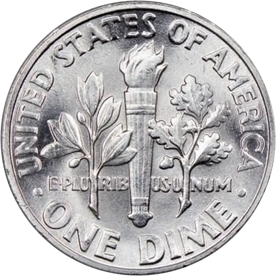 1946 Roosevelt dime reverse: torch between olive and oak branches