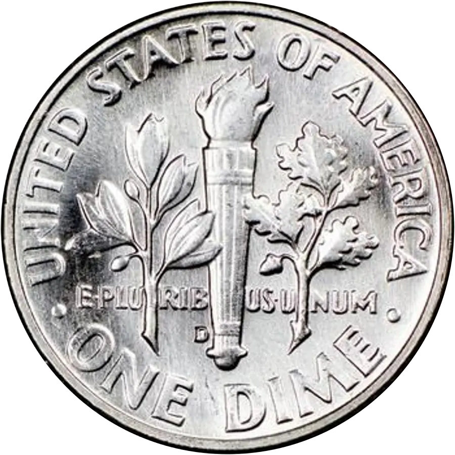 1964-D Roosevelt dime reverse with the D mint mark beside the torch