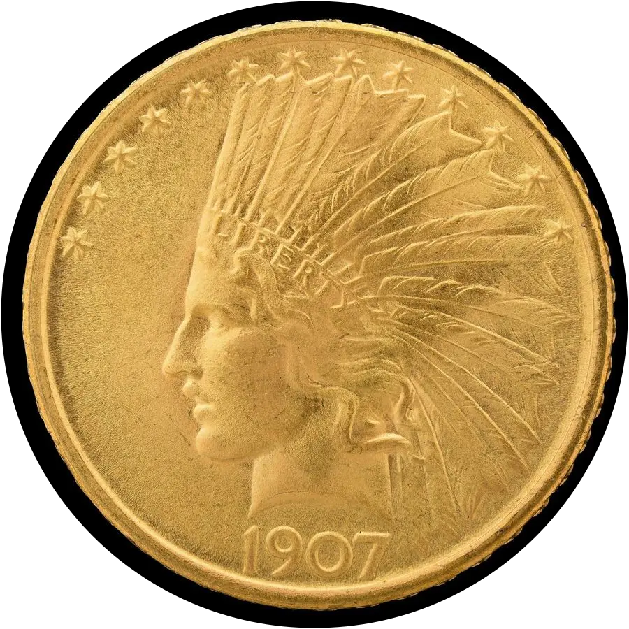 Indian Head eagle obverse: Liberty in an Indian war bonnet facing left