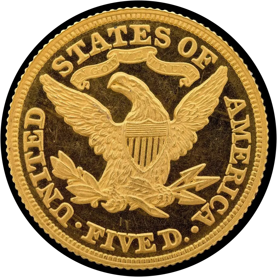 Liberty Head half eagle reverse: eagle with IN GOD WE TRUST above and FIVE D. below
