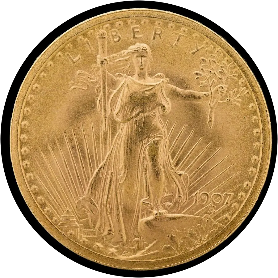Saint-Gaudens double eagle obverse: striding Liberty with a torch and olive branch