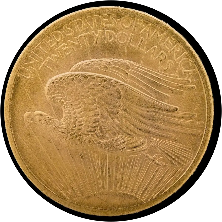 Saint-Gaudens double eagle reverse: eagle in flight above the rising sun