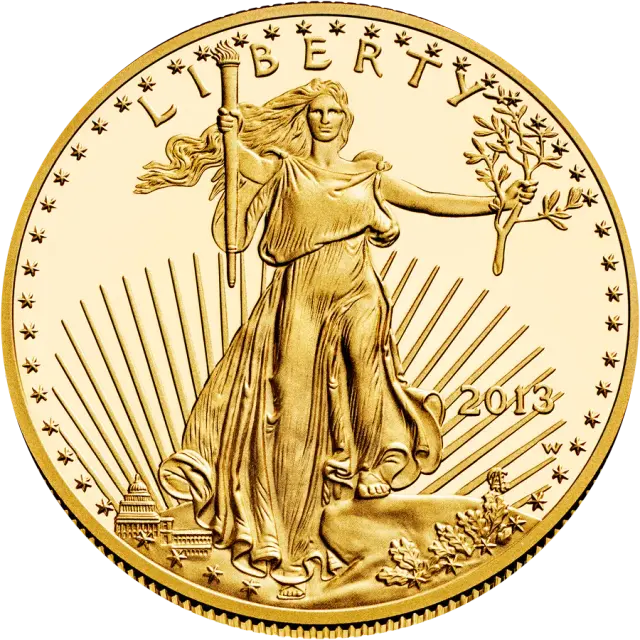 American Gold Eagle obverse: striding Liberty with a torch and olive branch, date 2013