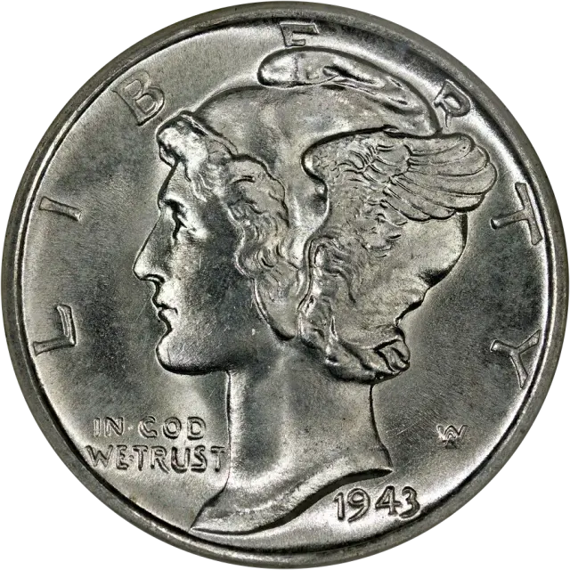 Mercury dime obverse: Winged Liberty head facing left
