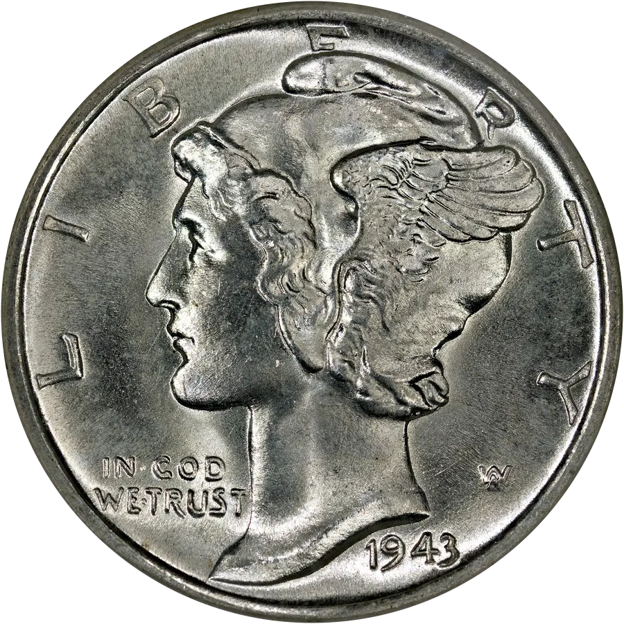 Mercury dime obverse: Winged Liberty head facing left