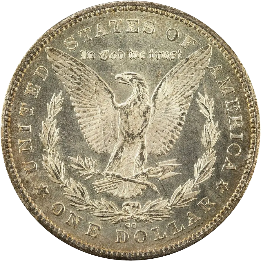 Morgan dollar reverse: eagle with wings spread inside a wreath