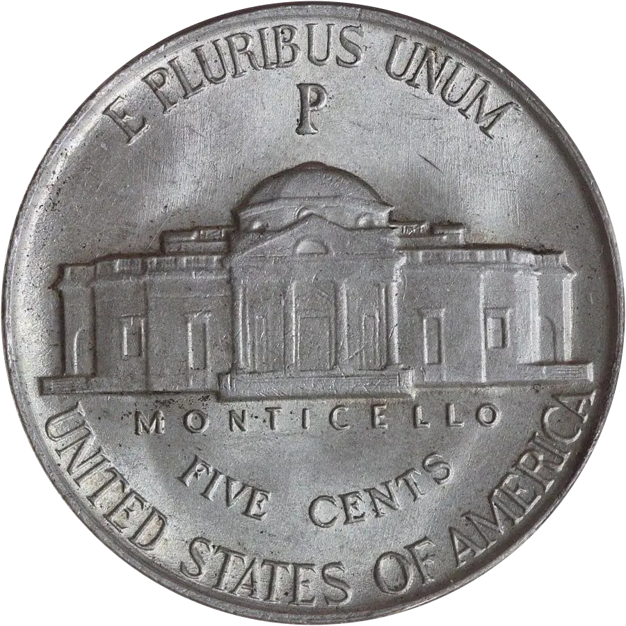 Jefferson war nickel reverse: Monticello with a large P mint mark above the dome