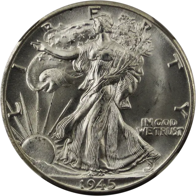 Walking Liberty half dollar obverse: Liberty striding toward the sunrise