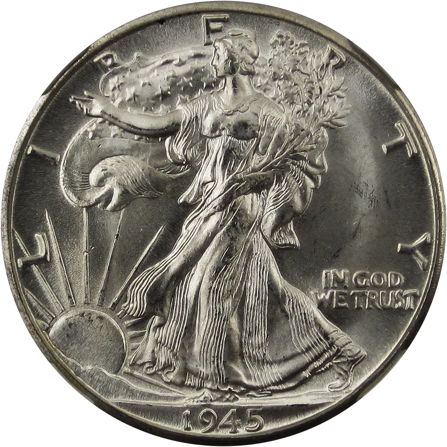 Walking Liberty half dollar obverse: Liberty striding toward the sunrise